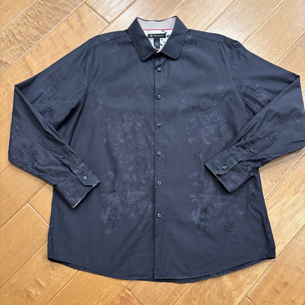 INC International Concepts Men’s Floral Gray Long Sleeve Cotton Dress Shirt XL